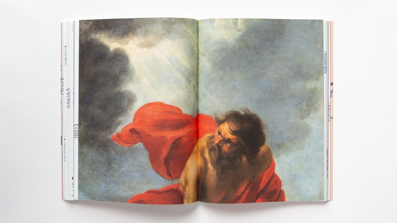 Painting of a man in a red rope looking up to the sky. Light braking through the clouds.